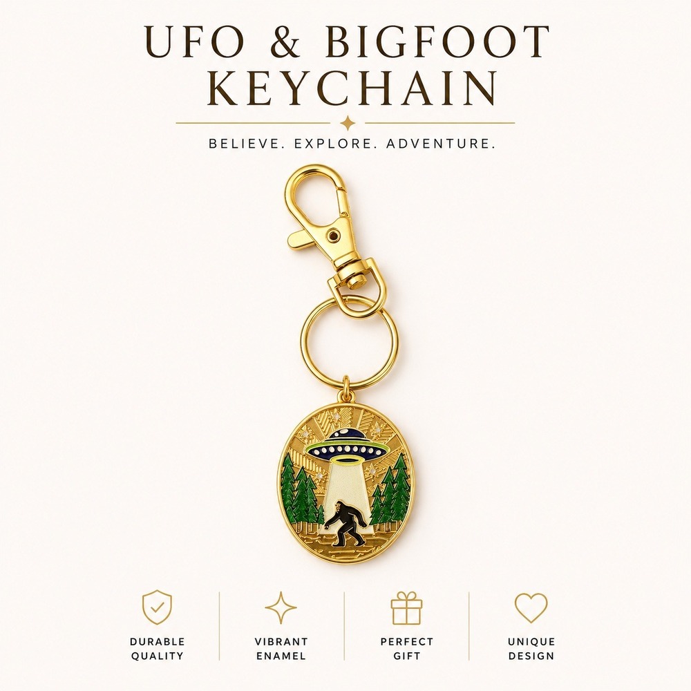 UFO‎ Bigfoot Keychain Gold Enamel Sasquatch Alien Spaceship Cryptid Key Ring